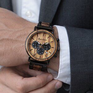 Burnham Men's Chronograph Watch NWT Zebrawood & Black Stainless Steel Luxury